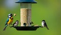 two birds sit on the top of a bird feeder as they eat peanuts