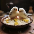 AI generated illustration of two small birds perched atop a bowl of white rice