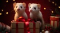 AI generated illustration of two small white ferrets on festive holiday gift box