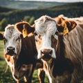 AI generated illustration of Two spotted brown and white cows standing in a lush green grassy field Royalty Free Stock Photo