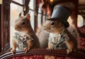 two squirrel sitting on top of each other wearing gentlemans hats
