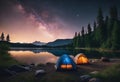 AI-generated illustration of two tents on the lakeside at night