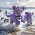 AI generated illustration of two tiny lavender cats swimming with a shark Royalty Free Stock Photo