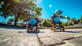 AI generated illustration of two toy turtles on skateboards facing each other in the street Royalty Free Stock Photo