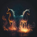 AI generated illustration of unicorns from a fantasy standing on a lighted floor on black background