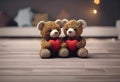 AI generated illustration of two valentine teddy bears holding two hears on a wooden table Royalty Free Stock Photo