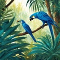 AI-generated illustration of Two vibrant parrots perched atop a tree branch in a tropical jungle