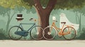AI-Generated illustration of vintage bicycles with top hat and wedding veil outdoors Royalty Free Stock Photo