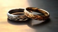 AI generated illustration of two wedding rings on a table with a soft background light reflection Royalty Free Stock Photo