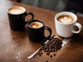 AI generated illustration of two white ceramic cups of freshly brewed coffee on a rustic table Royalty Free Stock Photo