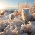 AI generated illustration of two white foxes in a frozen, snowy tundra