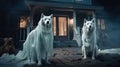 AI generated illustration of two white ghostly-like dogs in front of a traditional home on Halloween