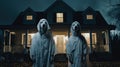 AI generated illustration of two white ghostly-like dogs in front of a traditional home on Halloween