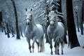 AI generated illustration of two white horses running in a snowy forest Royalty Free Stock Photo