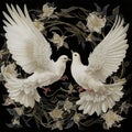 AI generated illustration of two white pigeons perched in front of a bouquet of white flowers