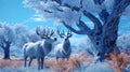 AI generated illustration of two white stags standing in a grassy field near a tree in snow