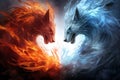 AI generated illustration of two wolves, one red and one blue, standing face to face