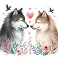 Two wolves sharing a tender moment as they kiss amidst a backdrop of hearts