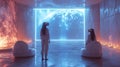 two women wearing virtual reality goggles stand in an alien space station