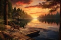 AI generated illustration of two wooden benches placed side by side on a pier with sunset