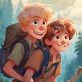 AI generated illustration of two young cartoon brothers going on an adventure together