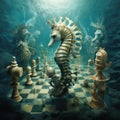 AI generated illustration of an underwater chess with sea horse, knights and queens Royalty Free Stock Photo