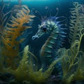 AI generated illustration of a seahorse swimming amidst lush green aquatic vegetation