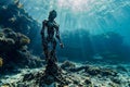 AI-generated illustration of an underwater scene with a metal humanoid robot skeleton