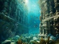 AI generated illustration of an underwater scene with the mythical, ancient city of Atlantis