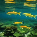 AI generated illustration of an underwater scene of a school of yellow fish swimming Royalty Free Stock Photo