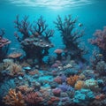 AI generated illustration of underwater scene with vibrant corals and a variety of fish