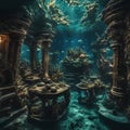 AI generated illustration of an underwater scene with a view of ancient ruins Royalty Free Stock Photo