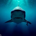 AI generated illustration of an underwater scuba diver with open-mouthed shark in the background Royalty Free Stock Photo