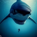 AI generated illustration of an underwater scuba diver with open-mouthed shark in the background Royalty Free Stock Photo