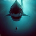 AI generated illustration of an underwater scuba diver with open-mouthed shark in the background Royalty Free Stock Photo