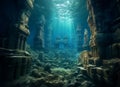 AI generated illustration of an underwater view of the ancient ruins of a city on the sea floor