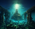 AI generated illustration of an underwater view of the ancient ruins of a city on the sea floor Royalty Free Stock Photo