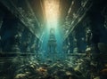 AI generated illustration of an underwater view of the ancient ruins of a city on the sea floor