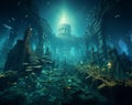 AI generated illustration of an underwater view of the ancient ruins of a city on the sea floor