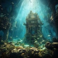 AI generated illustration of an underwater view of the ancient ruins of a city on the sea floor