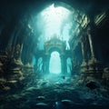 AI generated illustration of an underwater view of the ancient ruins of a city on the sea floor