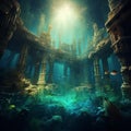 AI generated illustration of an underwater view of the ancient ruins of a city on the sea floor