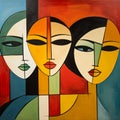 AI generated illustration of a unique colorful painting of three women