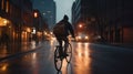 AI generated illustration of an urban bicyclist riding down a wet city street illuminated at night