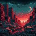 AI generated illustration of urban cityscape during daytime with vibrant red lights
