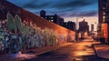AI generated illustration of an urban street scene featuring a graffiti-covered wall Royalty Free Stock Photo