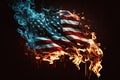 AI generated illustration of a USA flag on fire with bright blue flames around it Royalty Free Stock Photo