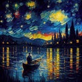 AI generated illustration of a Van Gogh style painting of a person on a boat under a starry sky