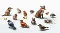 AI generated illustration of a variety of animal figurines and glass objects on a white background