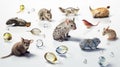 AI generated illustration of a variety of animal figurines and glass objects on a white background